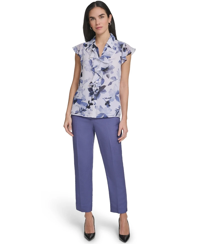 Calvin Klein Women's Printed Cap-Sleeve Ruffle Front Top
