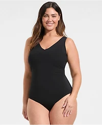Lands' End Plus Tugless V-Neck High Leg One Piece Swimsuit