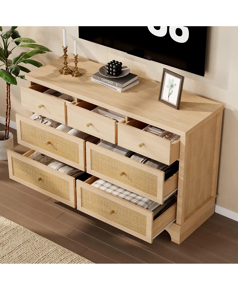 gaomon 47.3 in Wide Wood Chest of Drawers with Natural Rattan Drawers, Drawer Organizer with Sturdy Base
