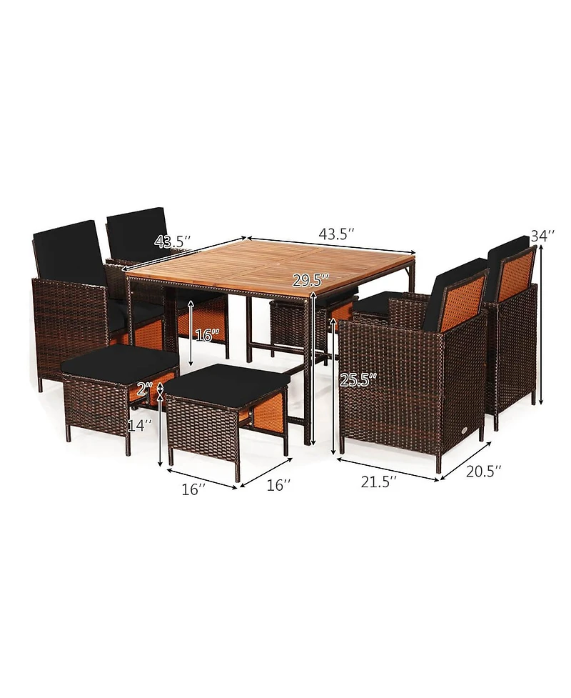 9 Pcs Patio Rattan Dining Set Cushioned Chairs Ottoman Wood Table Top
