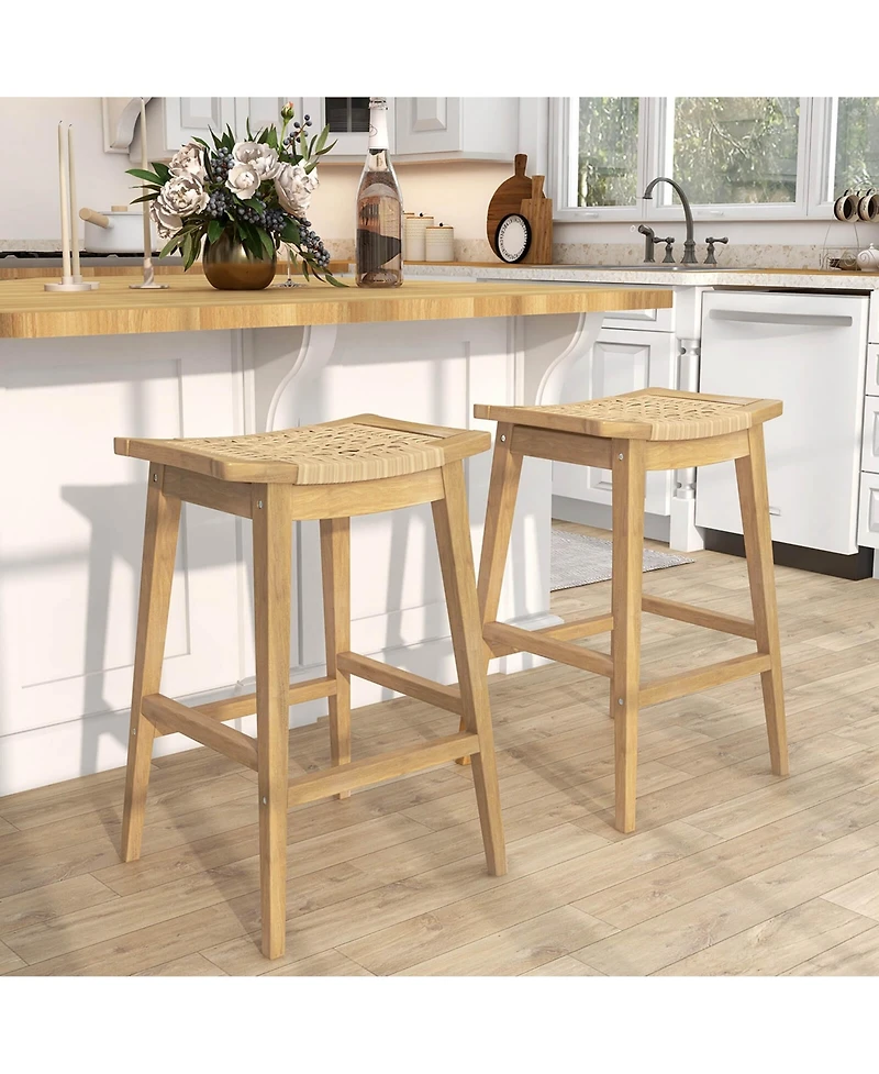 4 Pcs 29" Teak Wood Bar Stool with Footrest & Saddle Seat Boho Bar Height Stool