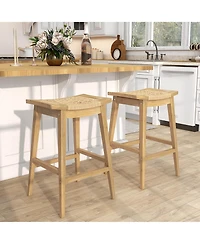 4 Pcs 29" Teak Wood Bar Stool with Footrest & Saddle Seat Boho Bar Height Stool