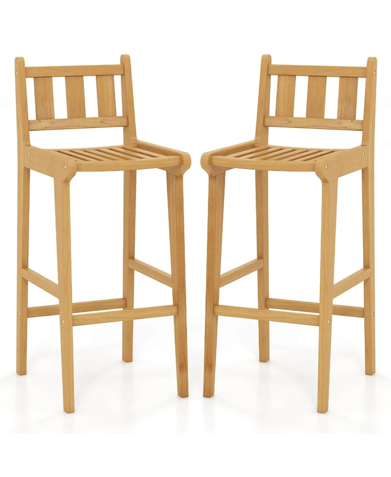 2 Pcs 30" Teak Wood Bar Stool with Footrest & Backrest Wooden Bar Height Chair