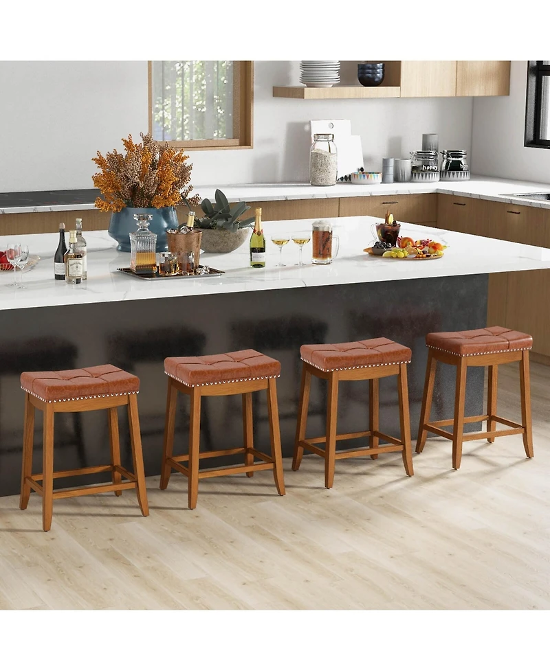 Saddle Bar Stools Set of with Pu Leather Seat Solid Rubber Wood Frame Footrest