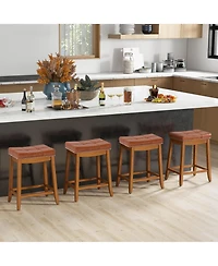 Saddle Bar Stools Set of with Pu Leather Seat Solid Rubber Wood Frame Footrest