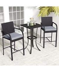 Costway 3 Pieces Patio Wicker Bar Set Rattan Chairs and Square Table with Heavy-Duty Metal Frame