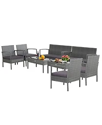 8 Pcs Outdoor Rattan Furniture Set Patio Conversation Sofa Set Cushioned Grey
