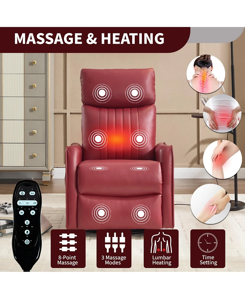 sumyeg Recliner Chair with Heat Massage Manual Rocker and Swivel in Faux Leather