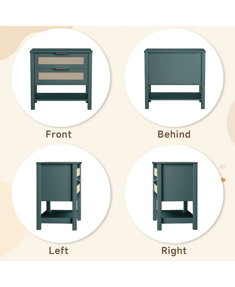 Rainsken Rattan Nightstand with 2 Drawers, Open Shelf & Handles for Bedroom or Living Room