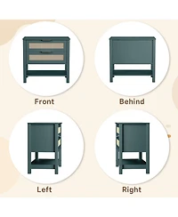 Rainsken Rattan Nightstand with 2 Drawers, Open Shelf & Handles for Bedroom or Living Room