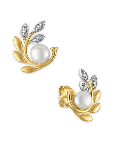Macy's Cultured Freshwater Pearl (4mm) & Diamond Accent Olive Branch Earrings in 14k Gold Over Sterling Silver