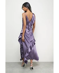 Warehouse Women's Metallic Satin Ruffle Midi Slip Dress