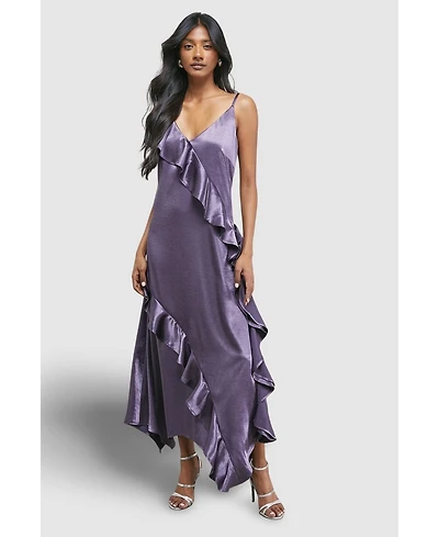 Warehouse Women's Metallic Satin Ruffle Midi Slip Dress