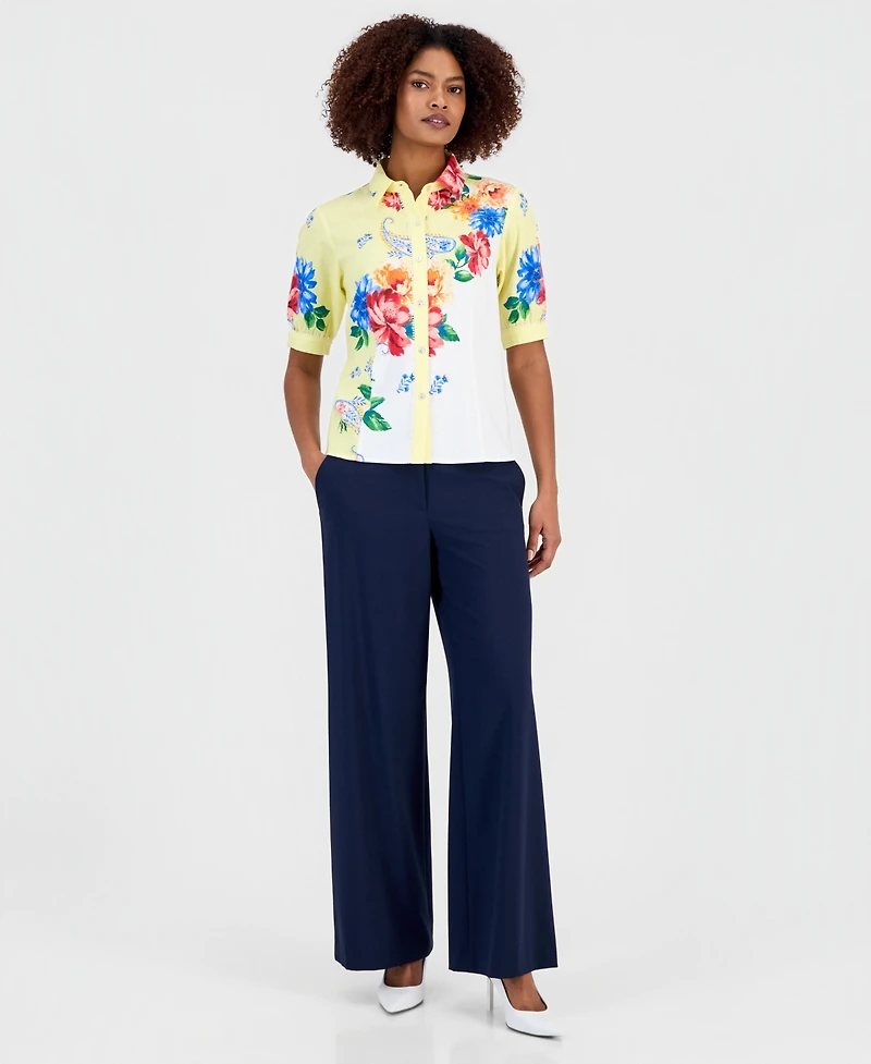 T Tahari Women's Button-Front Puff-Sleeve Blouse