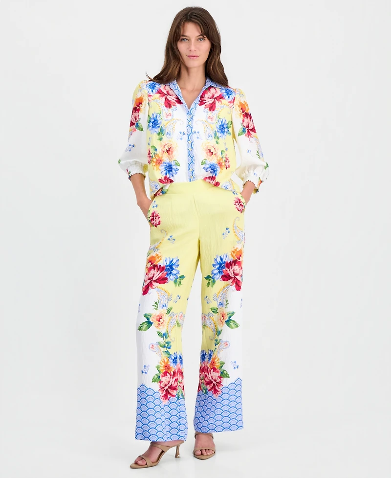 T Tahari Women's Floral-Print 3/4-Sleeve Button Blouse