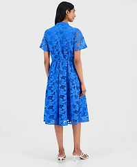 T Tahari Women's Lace Button-Front Short-Sleeve Dress