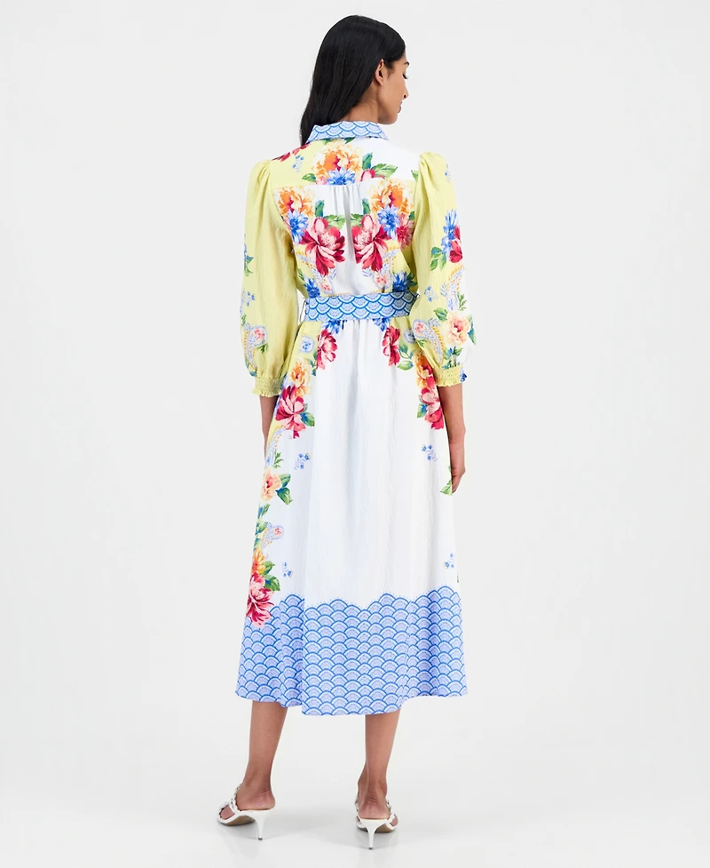 T Tahari Women's Printed 3/4-Sleeve Midi Shirt Dress