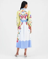 T Tahari Women's Printed 3/4-Sleeve Midi Shirt Dress