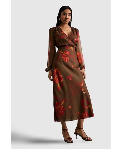 Warehouse Women's Printed V Neck Tie Detail Midi Dress