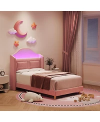 gaomon Wingback Velvet Platform Bed with Led Lights, Upholstered Storage Headboard, Wooden Slats Support