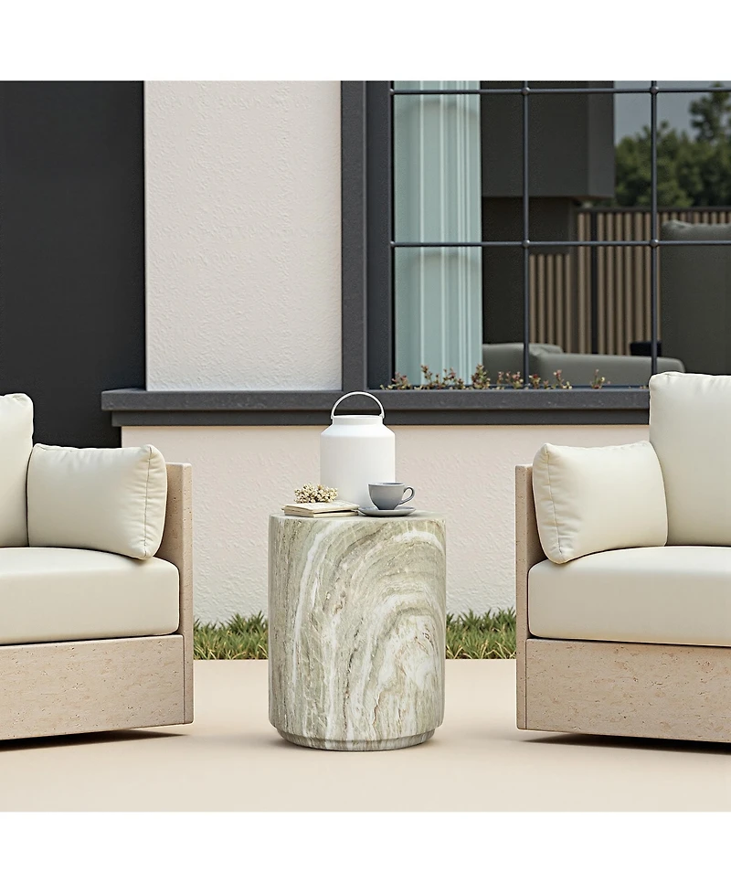 LuxenHome 17.9" Round Outdoor Accent Table, Marbled Look Patio Side Table for Indoor Outdoor Use