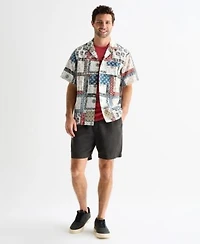 Lucky Brand Mens Short Sleeve Printed Camp Collar Shirt Baja Soul Graphic Tee Paired With Raven Pull On Linen Shorts