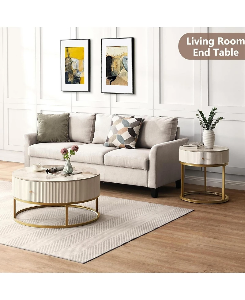 Rainsken Marble Round Nightstand, Modern End Table with Drawer and Gold Metal Frame, Bedside Storage Table for Living Room Bedroom