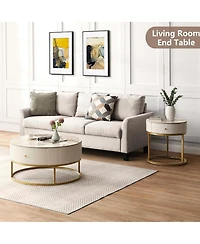 Rainsken Marble Round Nightstand, Modern End Table with Drawer and Gold Metal Frame, Bedside Storage Table for Living Room Bedroom