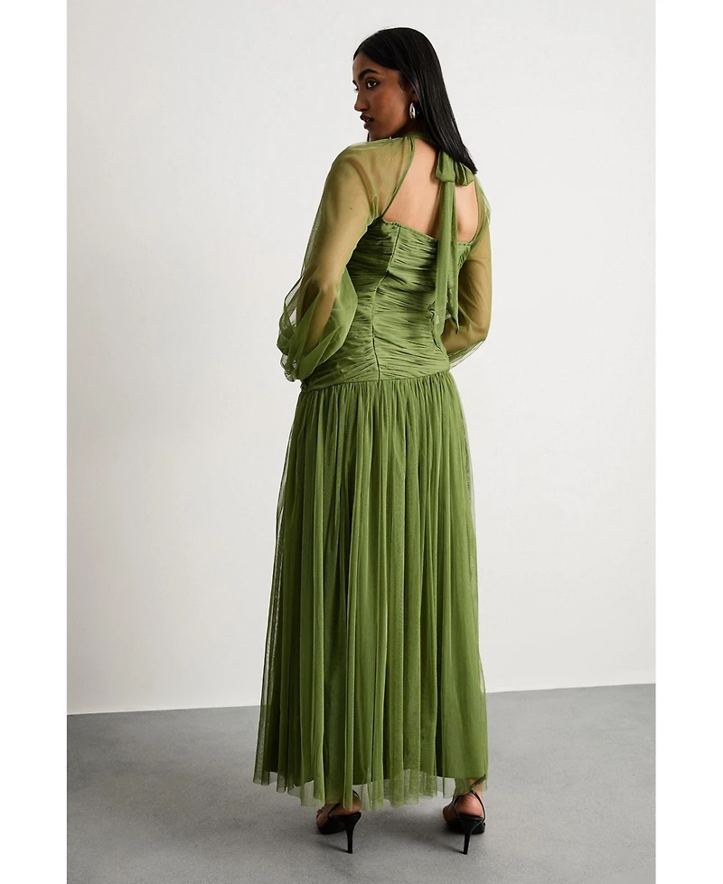Warehouse Women's Bow Detail Gathered Tulle Maxi Dress