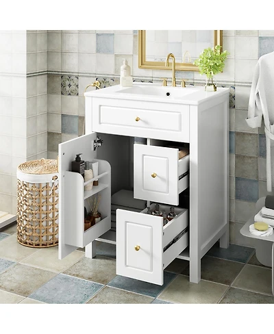 Sillysis 24" Bathroom Vanity with Ceramic Sink, Soft Close Door & Drawers, Double Storage Racks for Small Bathrooms