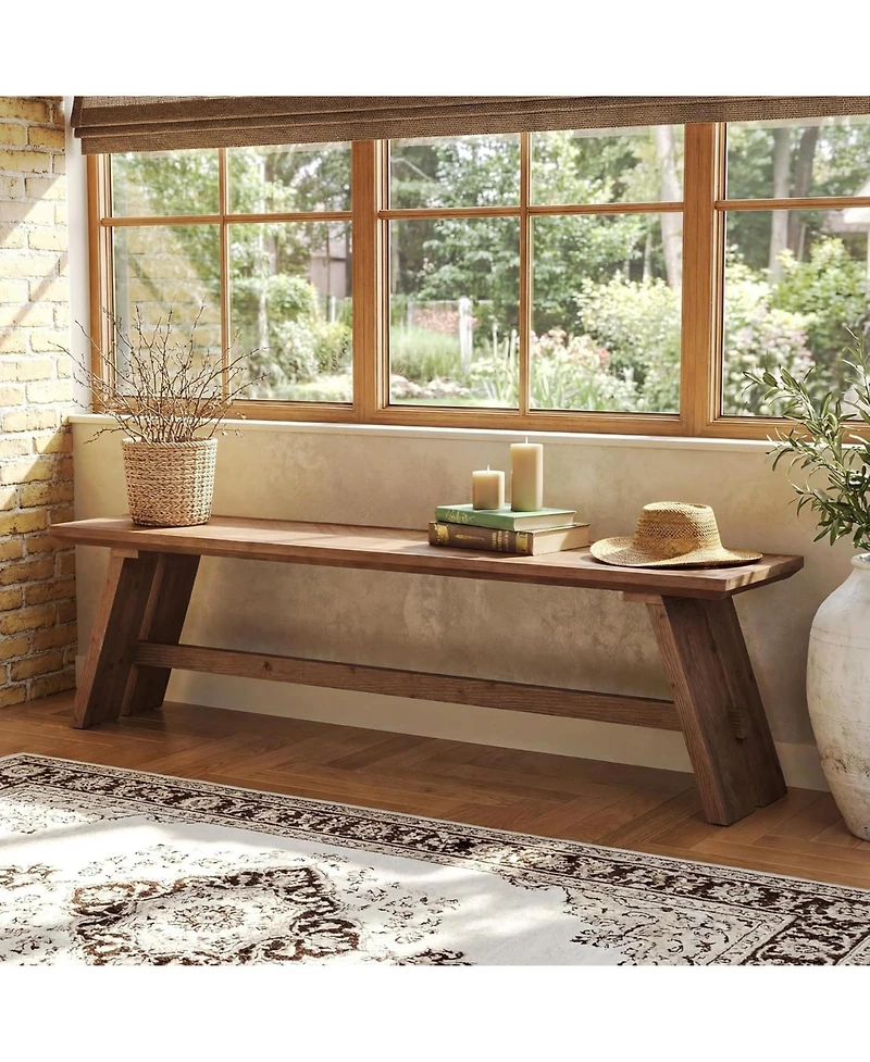 Tribesigns 63 Inch Extra Long Solid Wood Entryway Bench, 2-Tier Farmhouse Shoe Storage Bench with Unique Herringbone Pattern