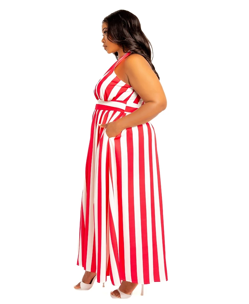 Buxom Couture Plus Size Stripe Halter Neck Maxi Dress