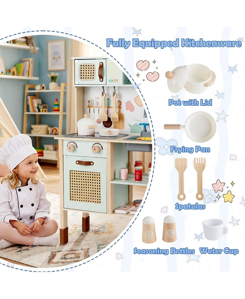 Mecale Wooden Play Kitchen for Kids with Retro Style, Lights, Sounds & Accessories