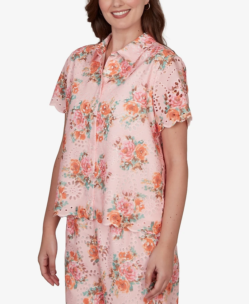 Ruby Rd. Petite Floral Scalloped Hem Camp Shirt