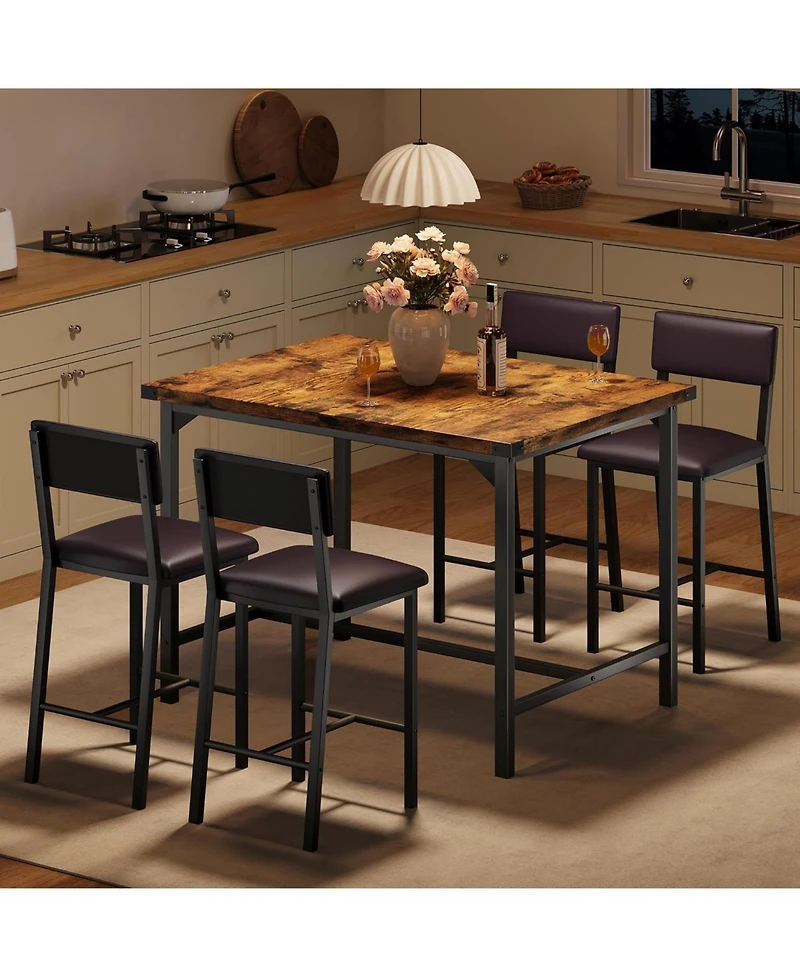 gaomon Dining Table Set for 4 w/Footrest and Corner Protector 5-Piece Kitchen Table Set with Counter Height Table and 4 Upholstered Bar Stools