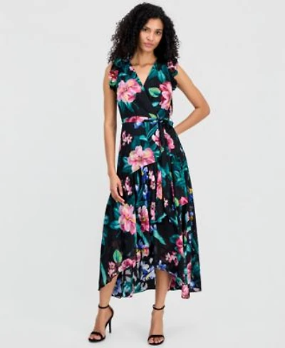 Anne Klein Womens Ruffle Sleeve V Neck High Low Wrap Dress
