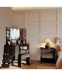 gaomon Corner Vanity and Stool - Corner Vanity Desk with Mirror and Lights