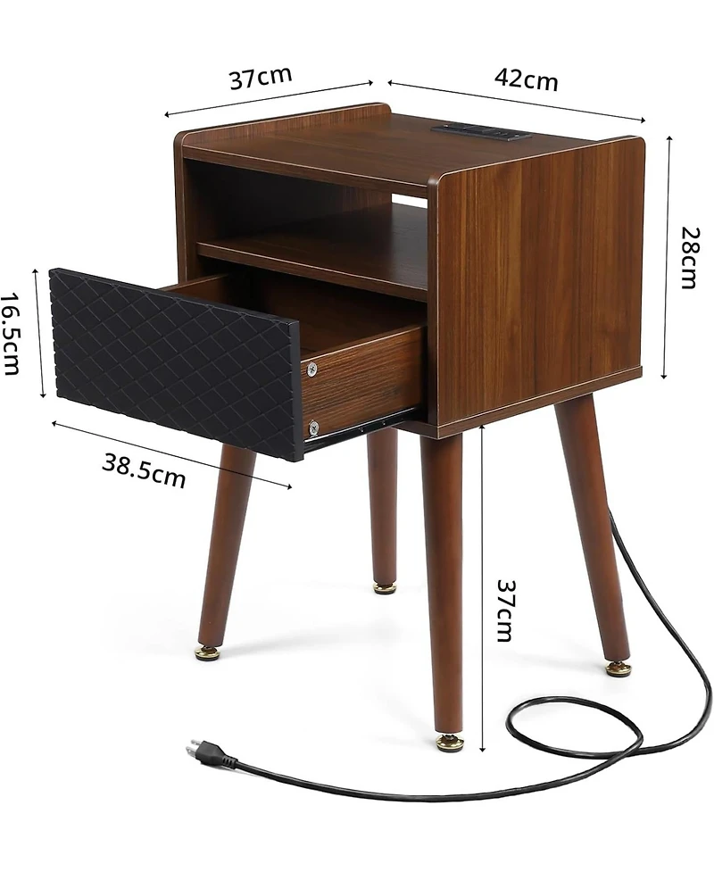 gaomon Mid Century Modern Wood Nightstand Side Table with Charging Station and Drawer