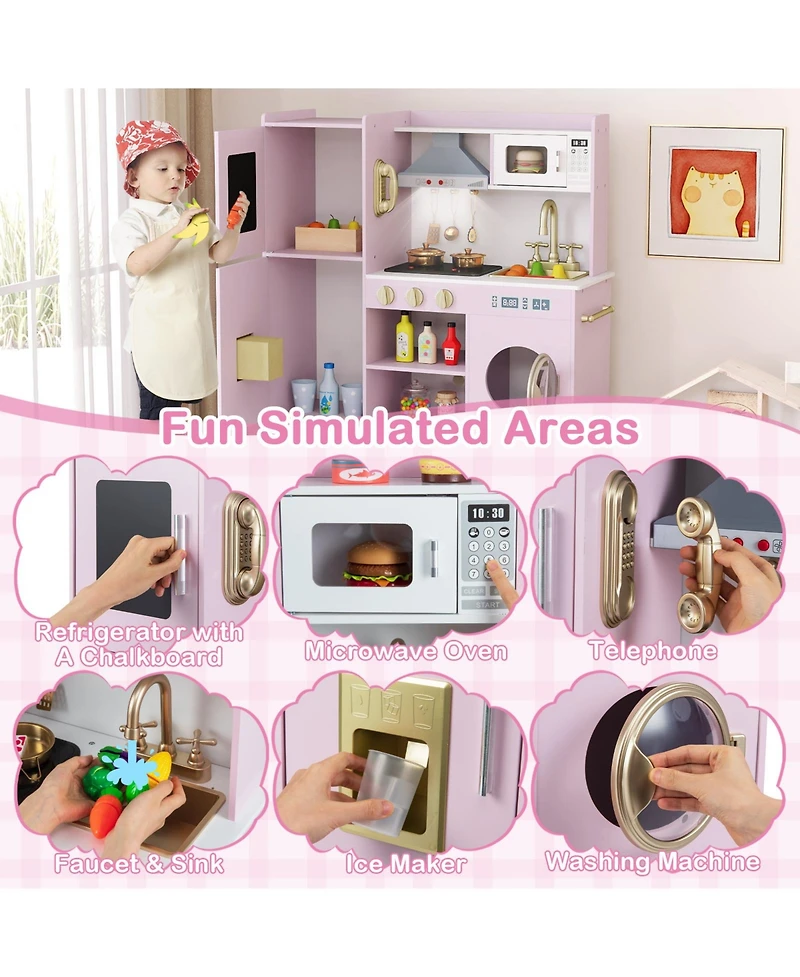 Mecale Pretend Play Kitchen Toy with Range Hood, Ice Maker & Telephone for Kids Role Play