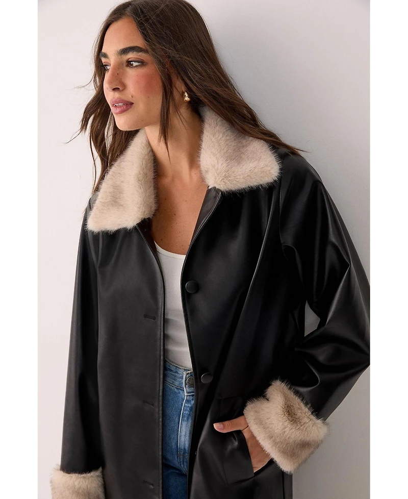 Nasty Gal Women's Faux Leather Longline Fur Trim Coat