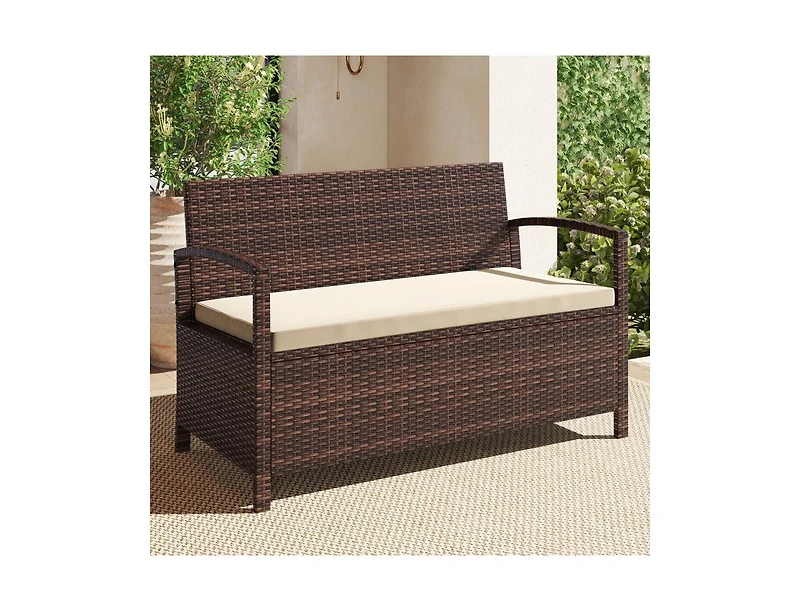 Slickblue 2-Seat Pe Wicker Patio Storage Bench with Cushion and Deck Box