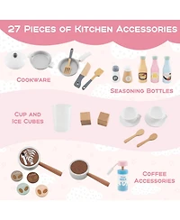 Mecale Kids Wooden Kitchen Set with Coffee Maker and Accessories, Play