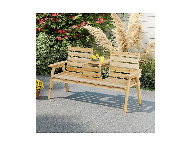 Slickblue Outdoor Fir Wood Bench with Foldable Middle Table-Gray