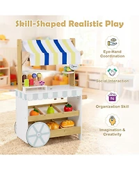 Mecale Wooden Ice Cream Cart for Kids, 2-in-1 Grocery Store Playset with Display Shelves