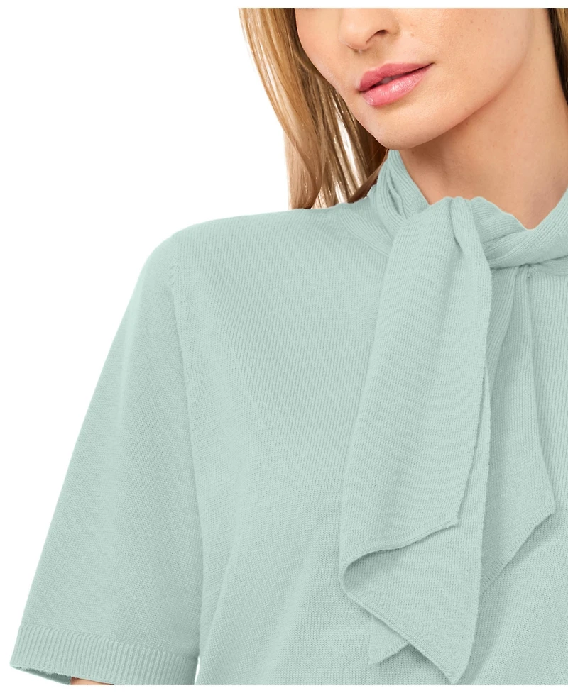 CeCe Women's Tie Neck Short-Sleeve Sweater