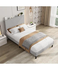 gaomon Bed Frame with Charging Station, Corduroy Upholstered Platform Bed Frame with Headboard and Storage Shelf, Solid Wood Slats