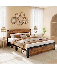 gaomon Bed Frame with Wooden Headboard – Features a Platform Design with Under-Bed Storage and Metal Legs. Noise-Free Operation