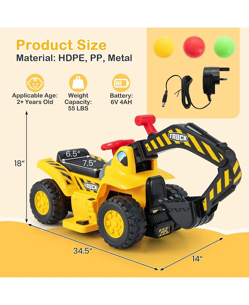 Mecale 6V Kids Ride On Excavator Fun Digger with Folding Basketball Hoop