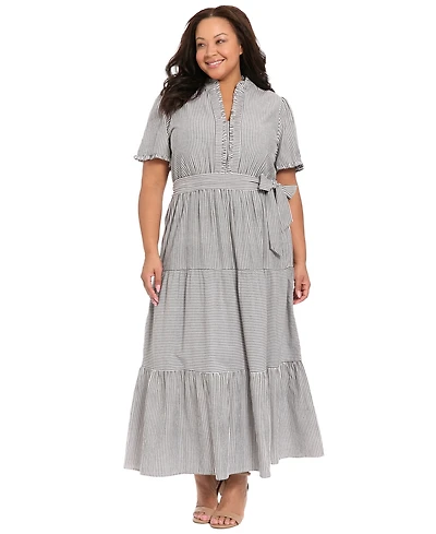 London Times Plus Size Stripe Tiered Ruffle Neck Dress