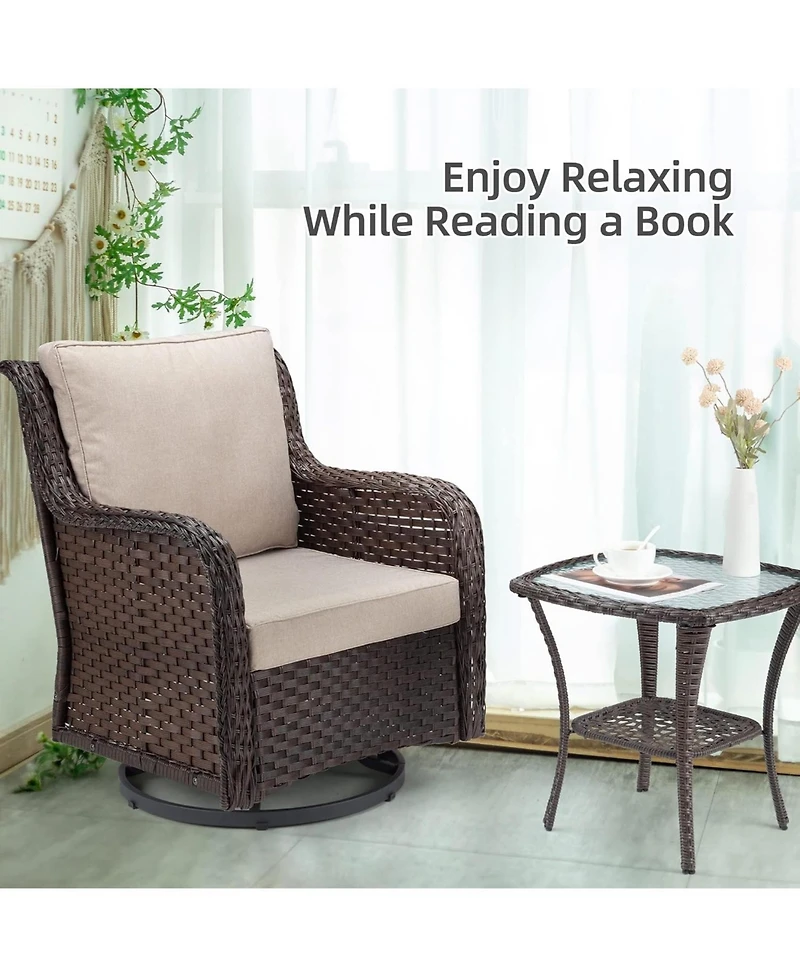 gaomon Swivel Wicker Glider Patio Chairs, 3 Piece Outdoor Wicker Rattan Swivel Rocking Chair Set, 360-Degree Rocking Chair, Armored Glass Side Table